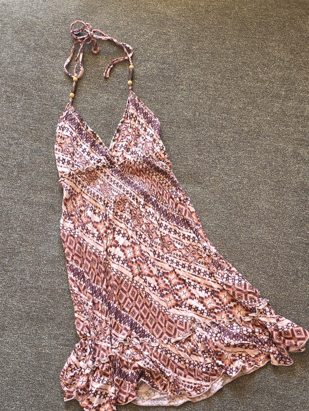 Vintage Boho Halter Sundress in Mauve and Cream
